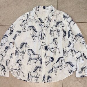 White Button-Up Shirt with Navy Horse Print